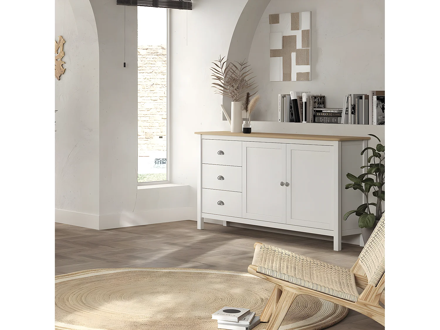 BASCO - Buffet 2 Portes 3 Tiroirs en Pin Massif Naturel et Blanc