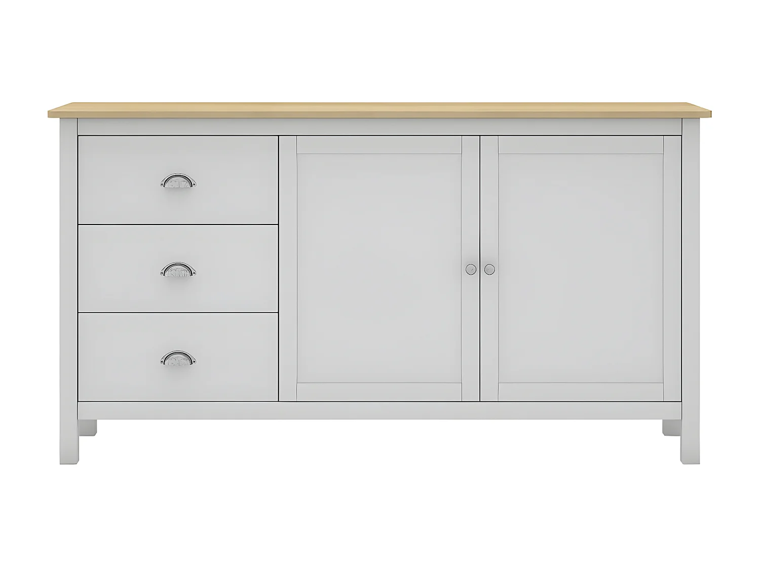 BASCO - Buffet 2 Portes 3 Tiroirs en Pin Massif Naturel et Blanc