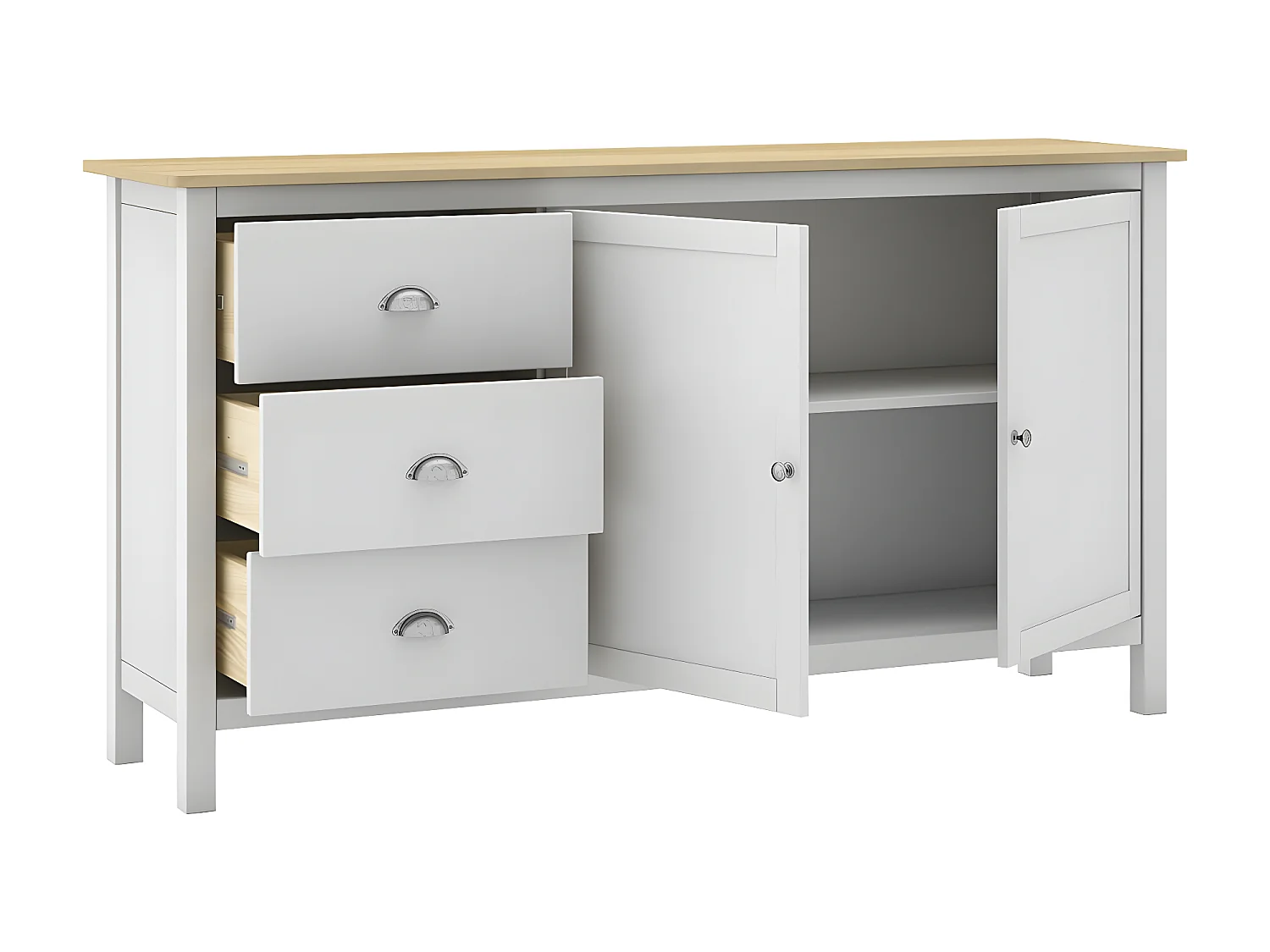 BASCO - Buffet 2 Portes 3 Tiroirs en Pin Massif Naturel et Blanc