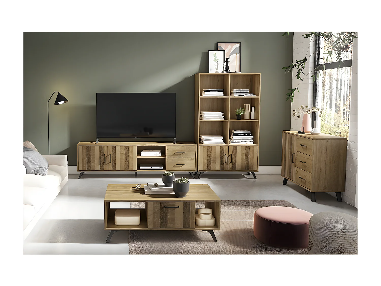 LAPPA - Bibliothèque 2 Portes 6 Niches Effet Chêne et Bois Vieilli