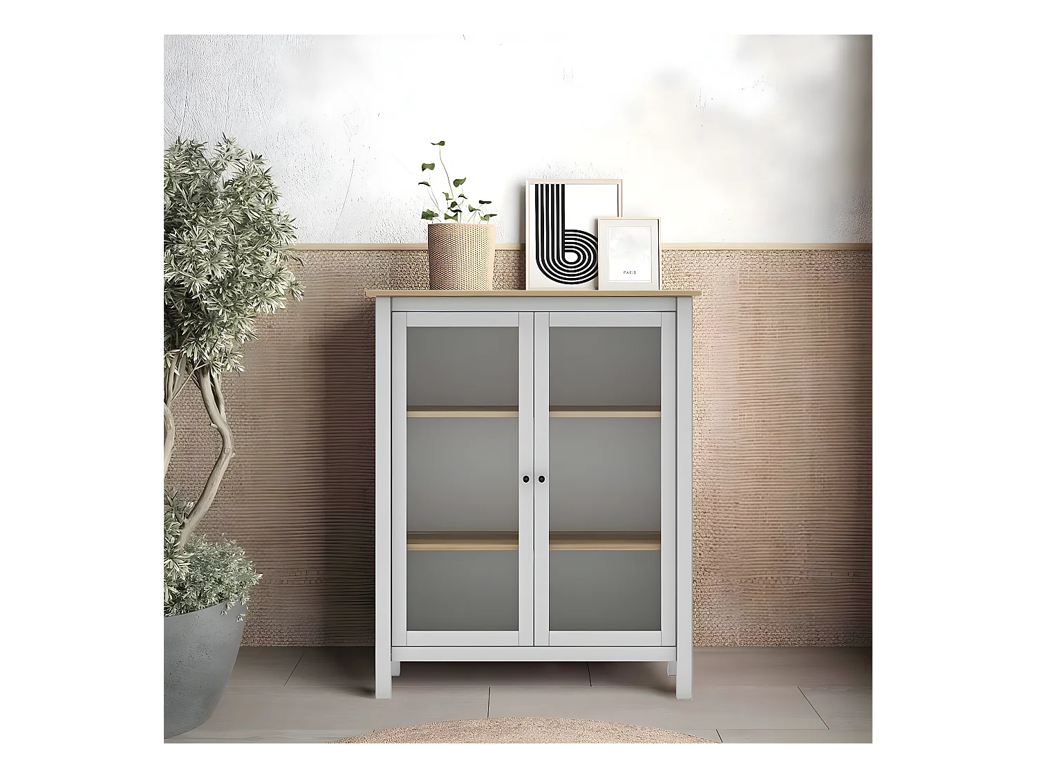 MAKS - Vitrine Basse 2 Portes en Pin Massif Blanc