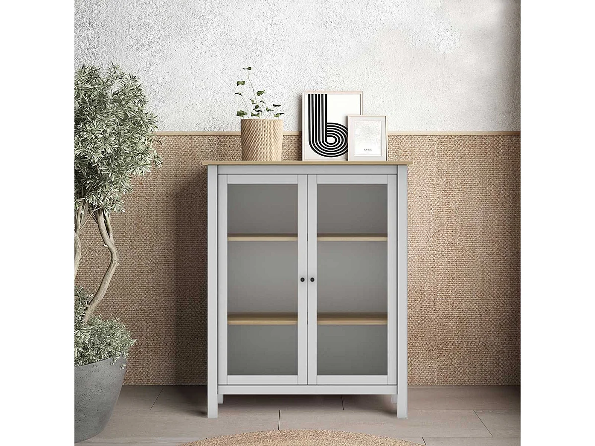 MAKS - Vitrine Basse 2 Portes en Pin Massif Blanc