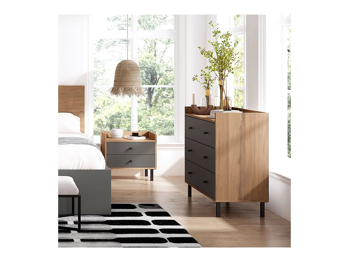 CAMINA - Commode 3 Tiroirs Effet Noyer et Gris Anthracite