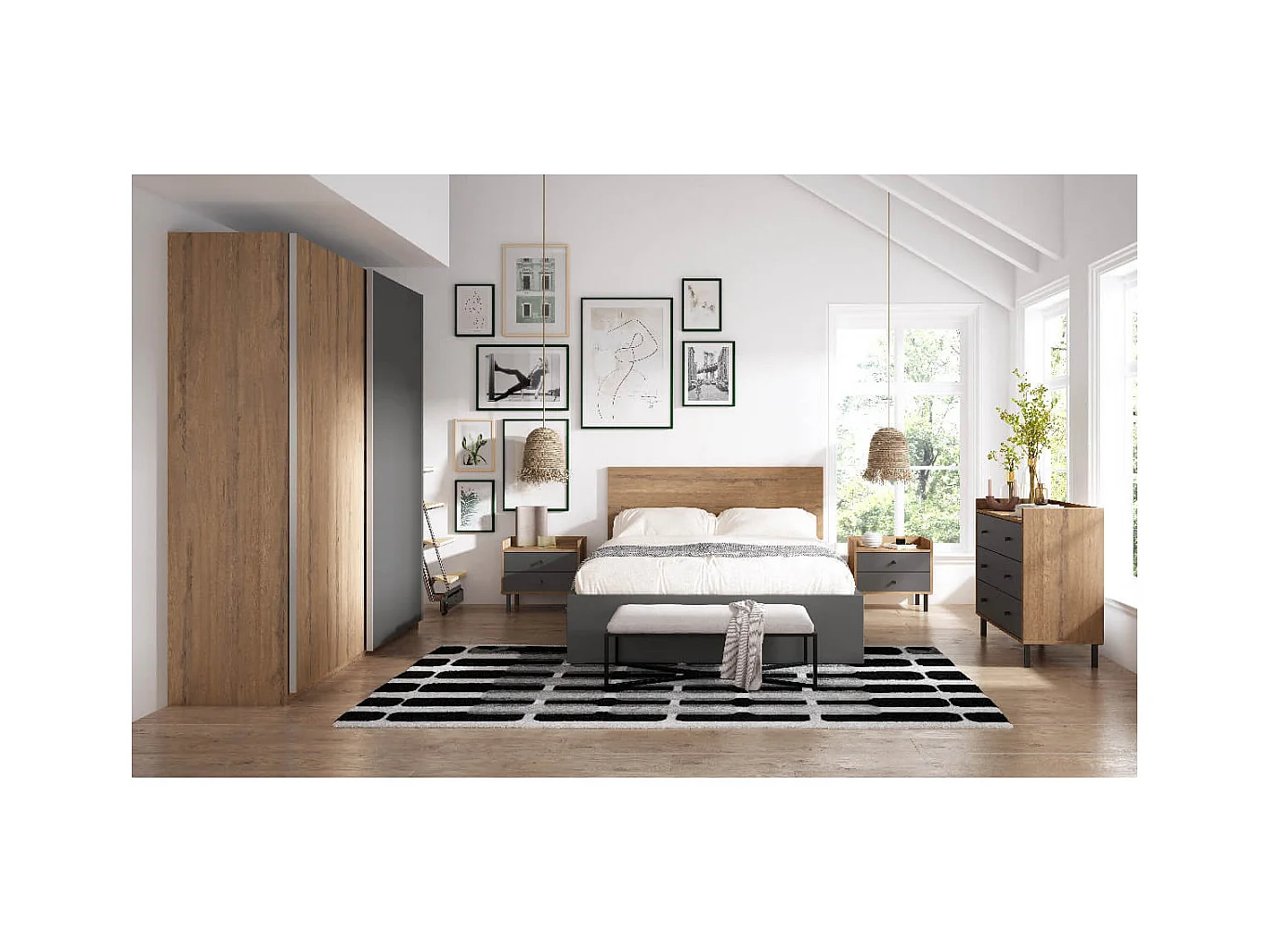 CAMINA - Commode 3 Tiroirs Effet Noyer et Gris Anthracite