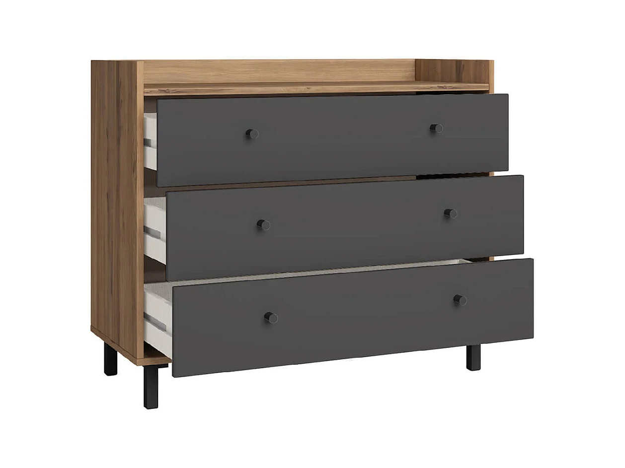 CAMINA - Commode 3 Tiroirs Effet Noyer et Gris Anthracite