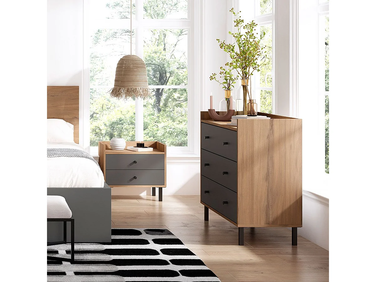 CAMINA - Commode 3 Tiroirs Effet Noyer et Gris Anthracite