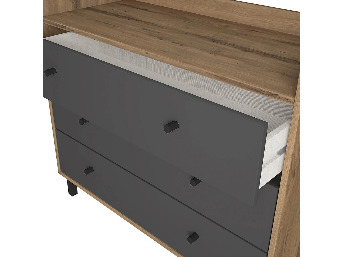 CAMINA - Commode 3 Tiroirs Effet Noyer et Gris Anthracite