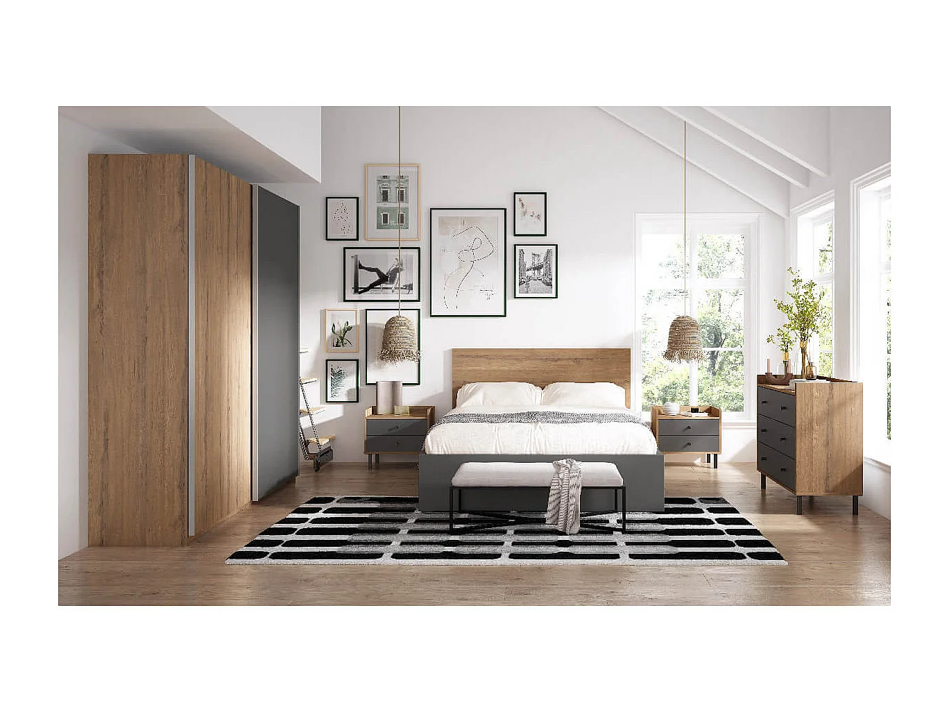 CAMINA - Commode 3 Tiroirs Effet Noyer et Gris Anthracite