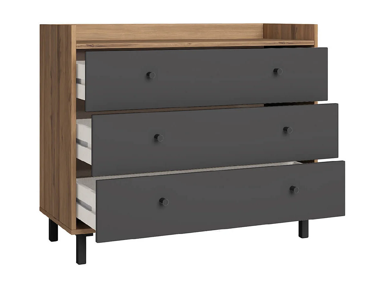 CAMINA - Commode 3 Tiroirs Effet Noyer et Gris Anthracite