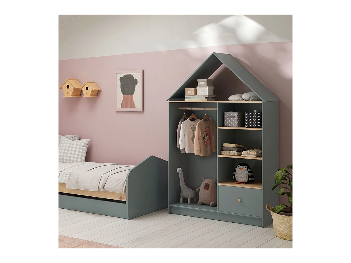 KAINA - Dressing Cabane Enfant MDF et Pin Coloris Gris Vert et Naturel