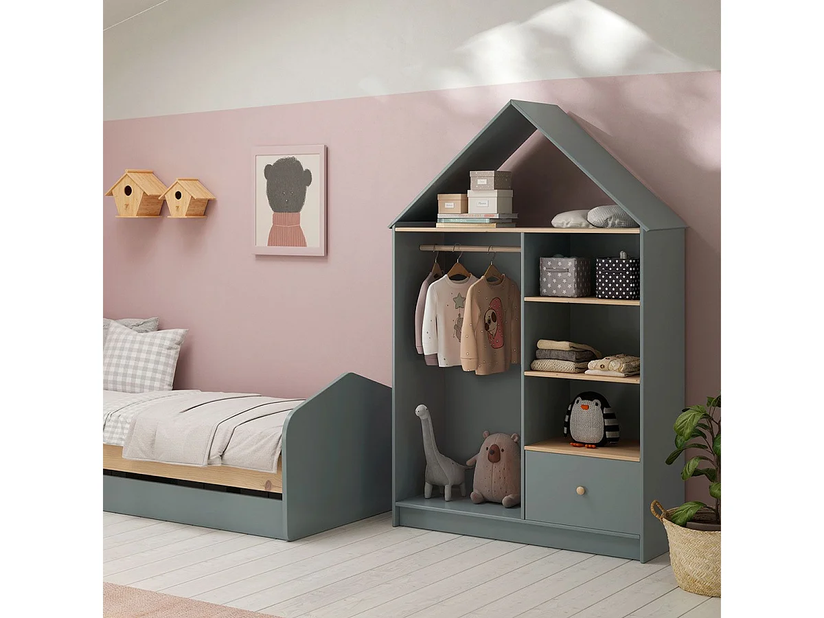 KAINA - Dressing Cabane Enfant MDF et Pin Coloris Gris Vert et Naturel