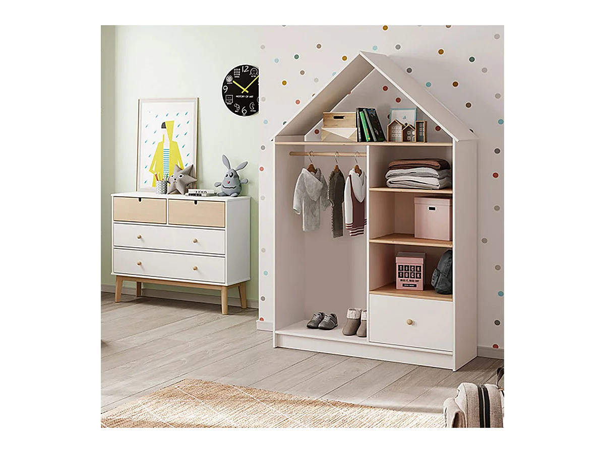 KAINA - Dressing Cabane Enfant MDF et Pin Coloris Blanc et Naturel