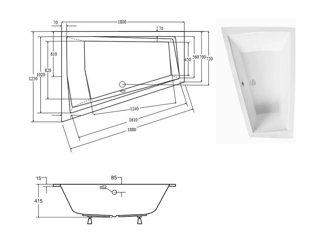 Baignoire d'angle Gauche ULTIMA DUO 170 ou 180 cm ultra-slim - Dimensions: 170cm