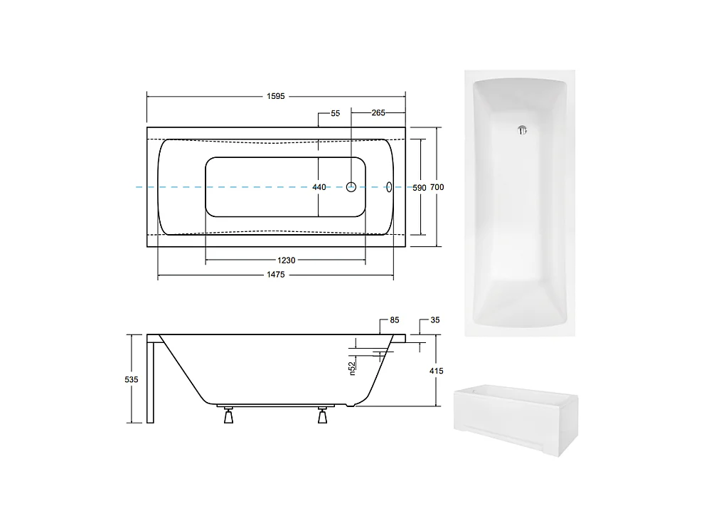 Baignoire MIRANO II avec tablier 140-150-160-170 x 70 - Dimensions: 160 x 70 cm