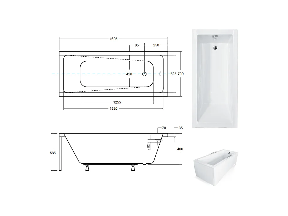 Baignoire MODERN 170 x 70 cm - Tablier & armature: avec tablier