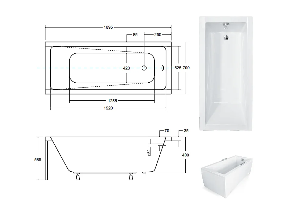 Baignoire MODERN 170 x 70 cm - Tablier & armature: avec tablier