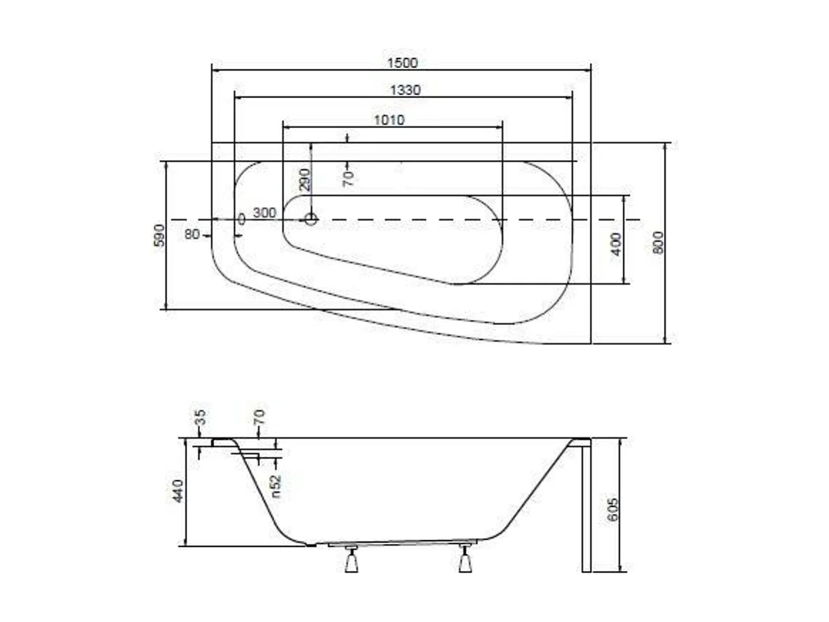 Baignoire d'angle LUNA 150 cm avec tablier - Orientation: Droit