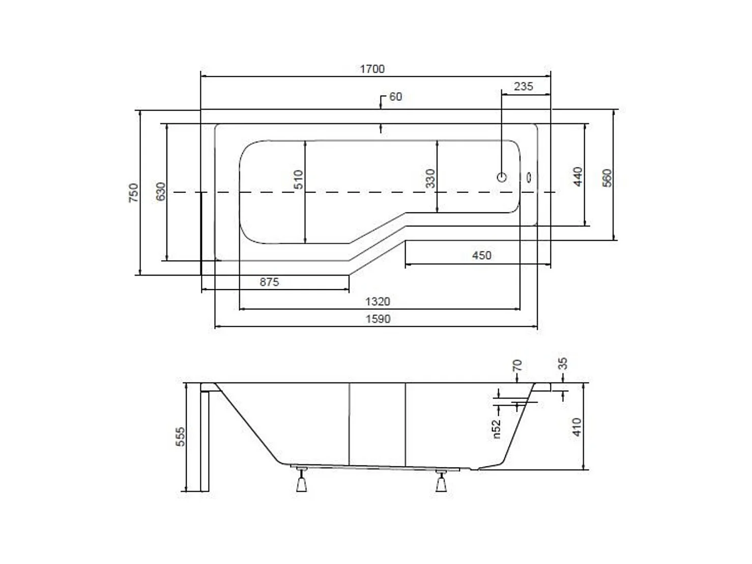 Baignoire asymétrique MATIK II 150 ou 170 cm, GAUCHE - Dimensions: 170cm