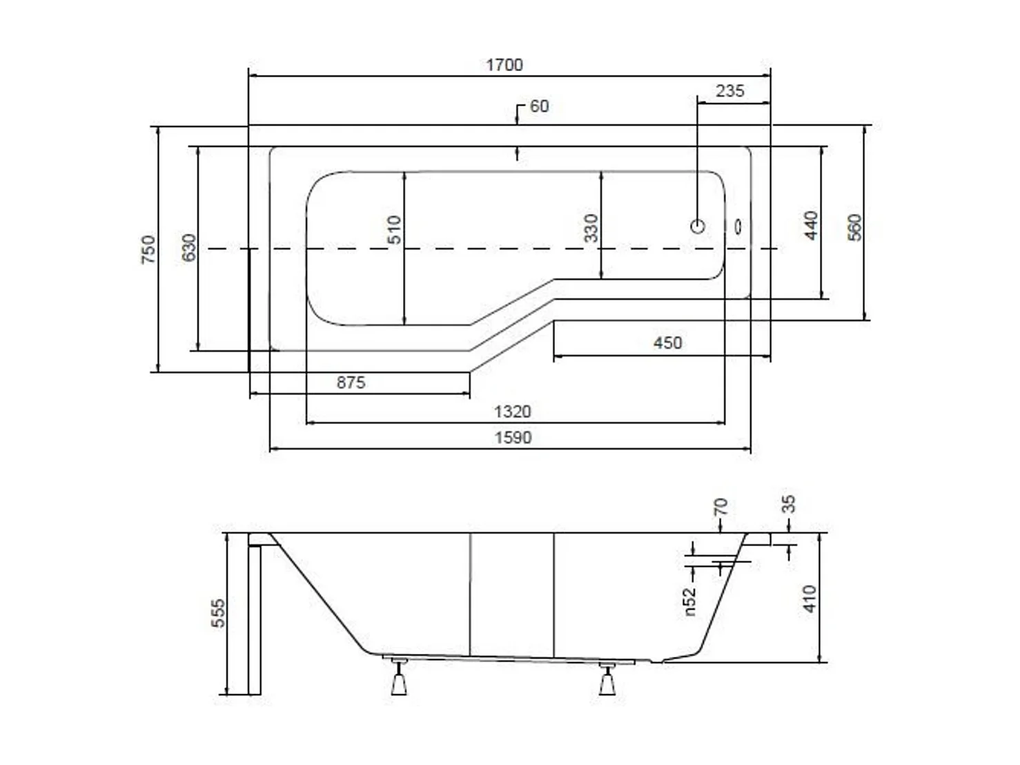 Baignoire asymétrique MATIK II 150 ou 170 cm, GAUCHE - Dimensions: 170cm