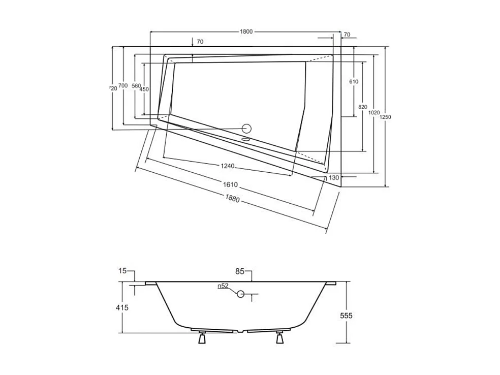 Baignoire d'angle Droit ULTIMA DUO 170 ou 180 cm ultra-slim - Dimensions: 180cm