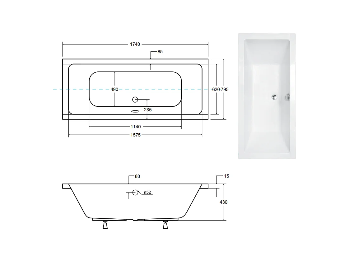 Baignoire EMILIA ultra-slim 155-165-170-175-180-190 cm - Dimensions baignoire: 175 x 80 cm