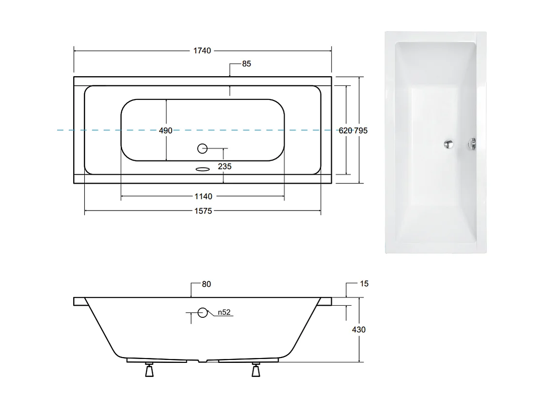 Baignoire EMILIA ultra-slim 155-165-170-175-180-190 cm - Dimensions baignoire: 175 x 80 cm