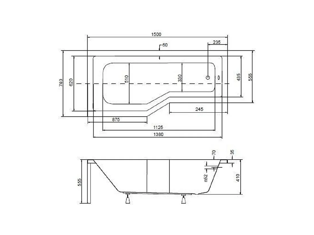 Baignoire asymétrique INTEGRA 150-170 cm x 75 cm + pare baignoire - Angle: Gauche - Dimensions: 150cm