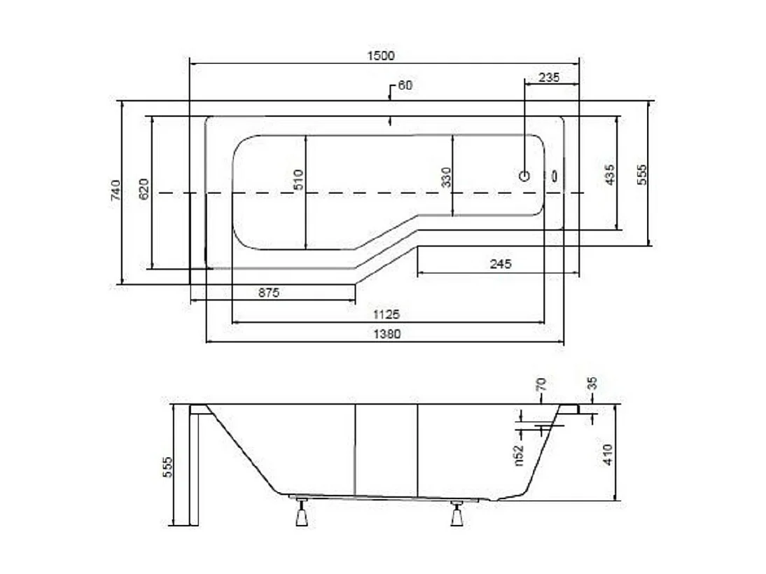 Baignoire asymétrique INTEGRA 150-170 cm x 75 cm + pare baignoire - Angle: Gauche - Dimensions: 150cm