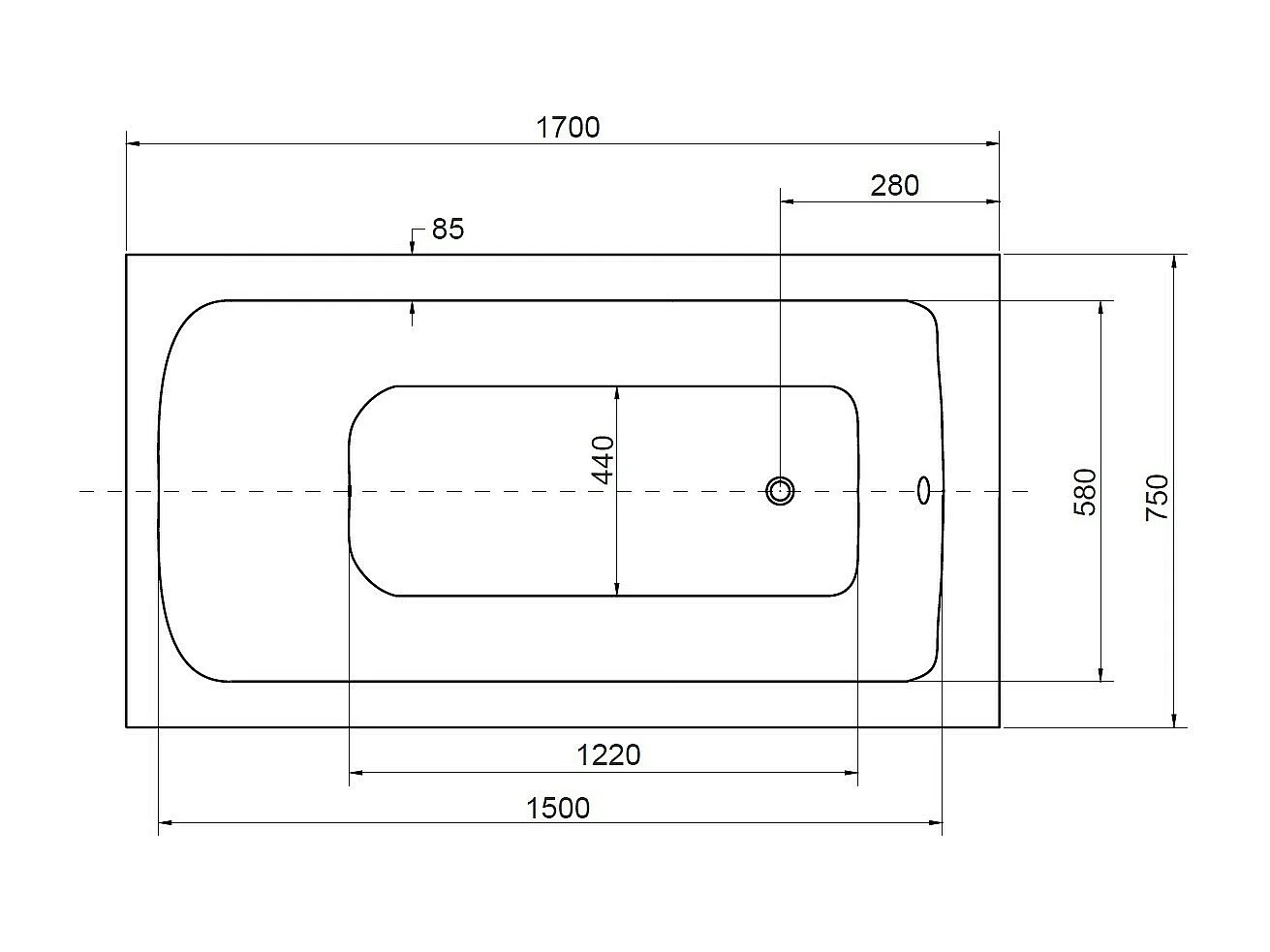 Baignoire VENETO avec tablier 140-150 x 70 et 160-170 x 75 - Dimensions: 170 x 75 cm