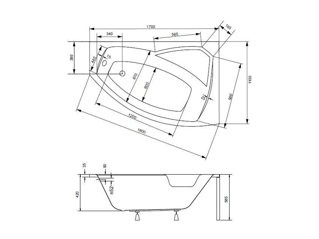Baignoire d'angle gauche RIMA 130-140-150-160-170 cm avec tablier - Dimensions: 170cm