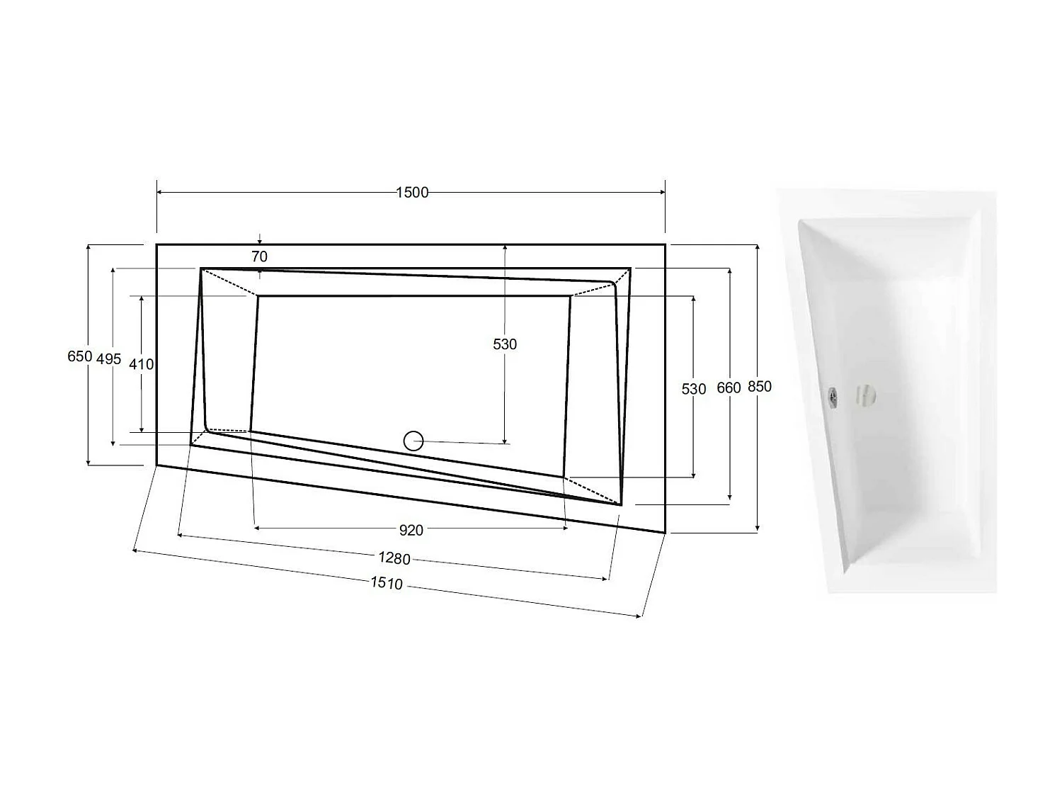 Baignoire d'angle DROITE ULTIMA 150 ou 160 cm slim - Dimensions: 150cm