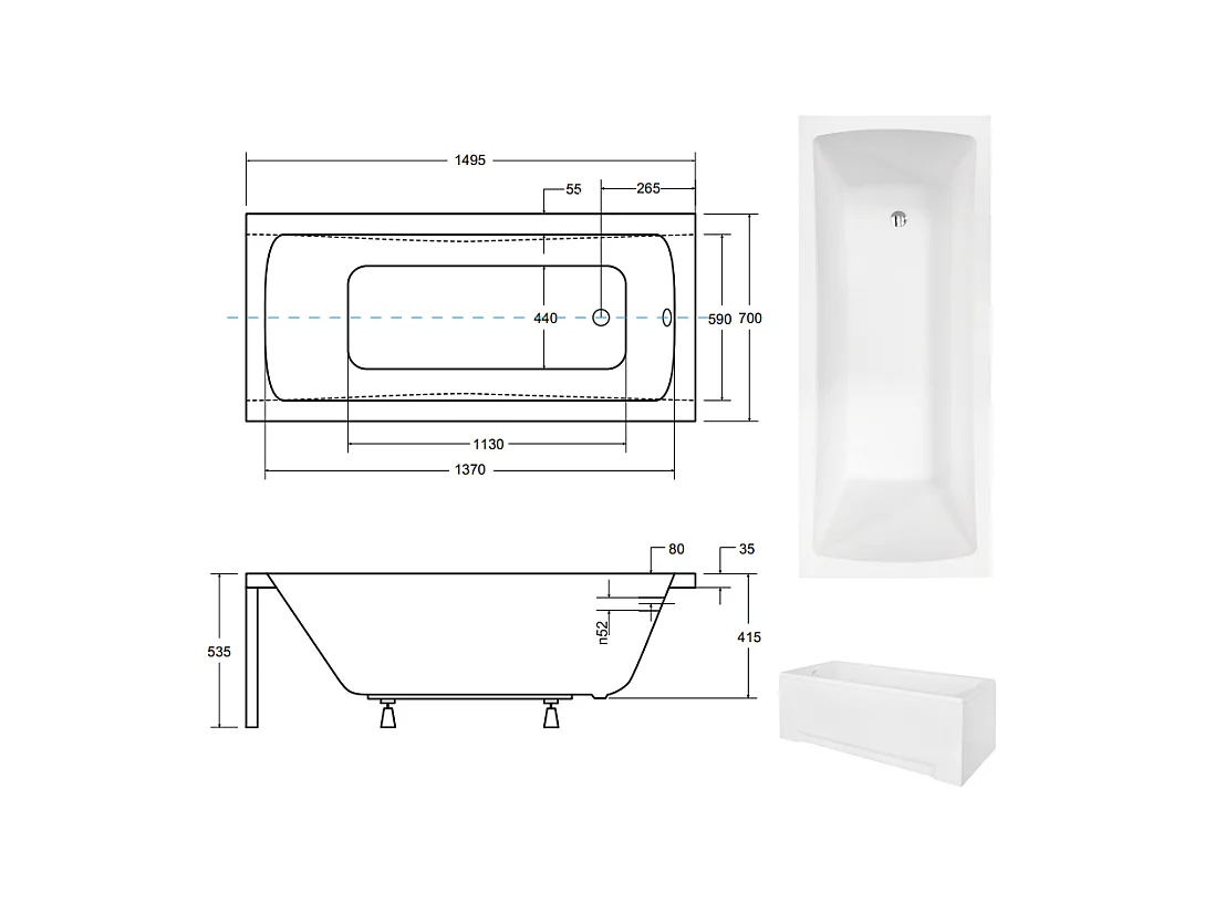 Baignoire MIRANO II avec tablier 140-150-160-170 x 70 - Dimensions: 150 x 70 cm