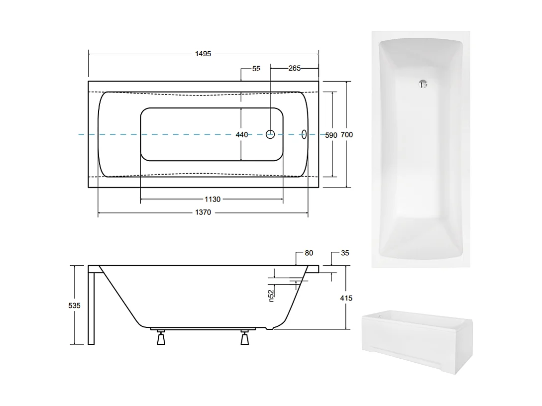 Baignoire MIRANO II avec tablier 140-150-160-170 x 70 - Dimensions: 150 x 70 cm