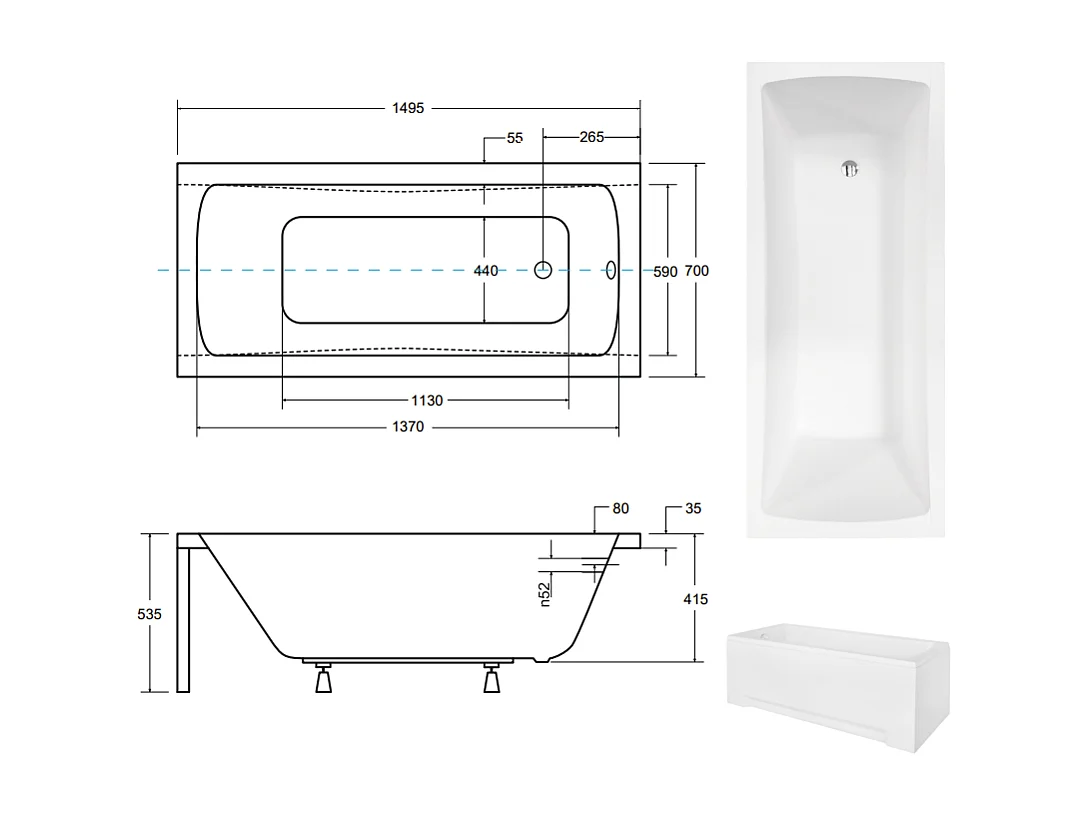 Baignoire MIRANO II avec tablier 140-150-160-170 x 70 - Dimensions: 150 x 70 cm