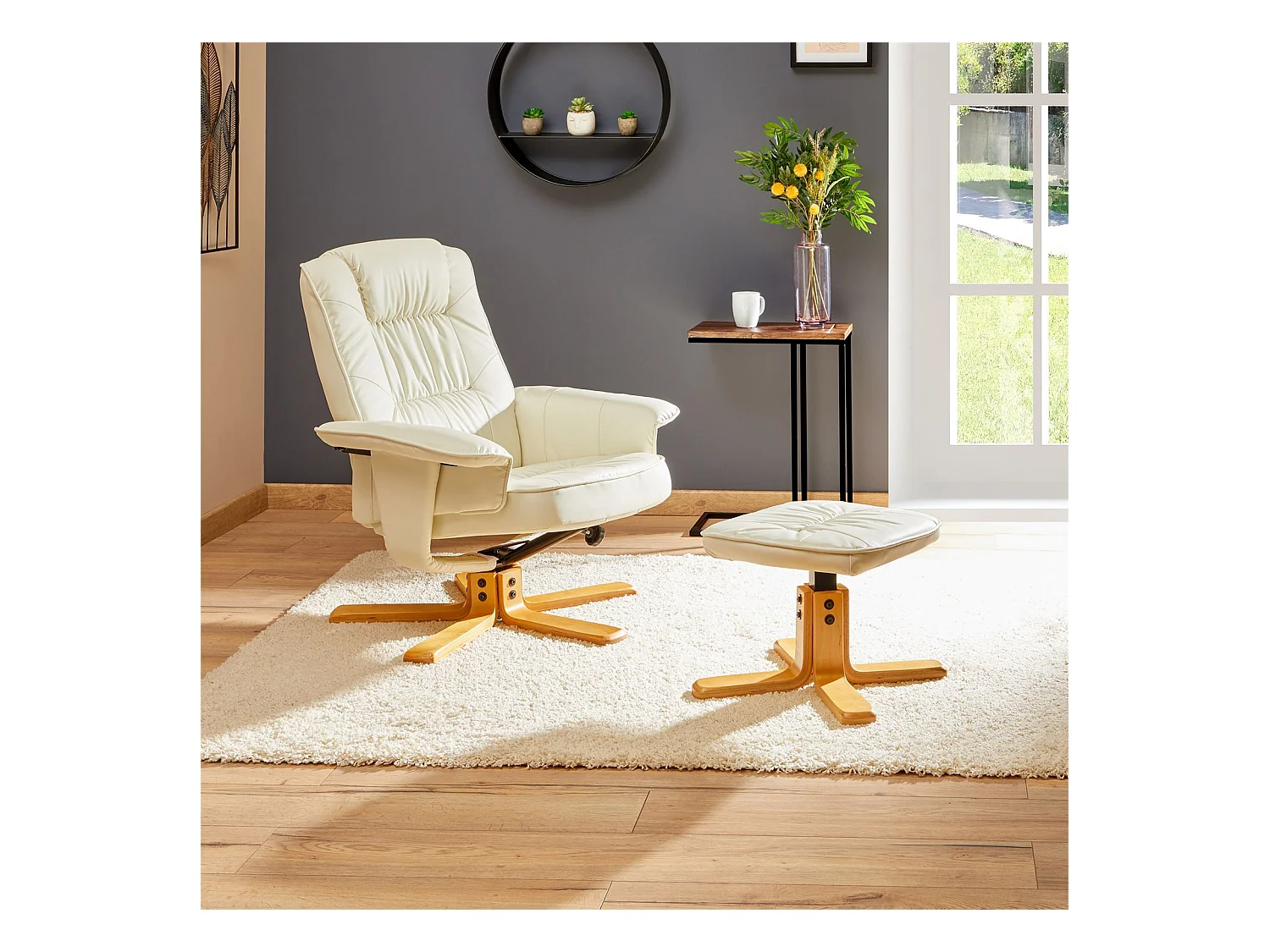 Fauteuil de relaxation CHARLY avec repose-pieds siège pivotant dossier inclinable, en synthétique blanc ivoire