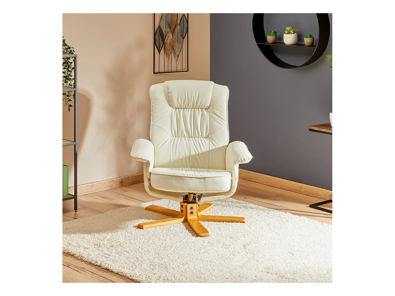 Fauteuil de relaxation CHARLY avec repose-pieds siège pivotant dossier inclinable, en synthétique blanc ivoire