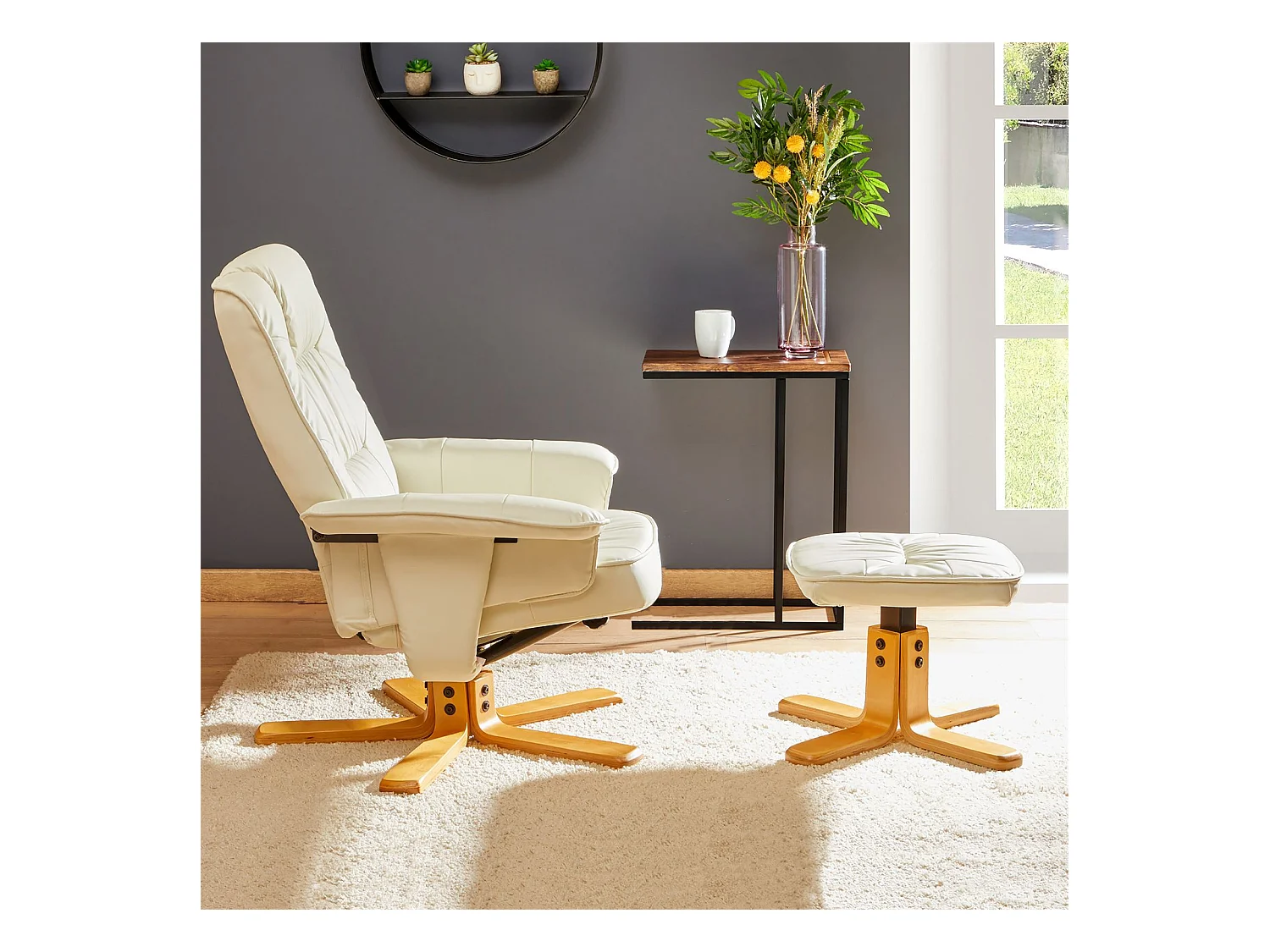 Fauteuil de relaxation CHARLY avec repose-pieds siège pivotant dossier inclinable, en synthétique blanc ivoire