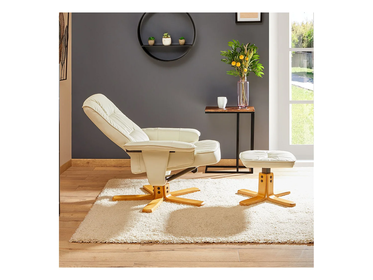 Fauteuil de relaxation CHARLY avec repose-pieds siège pivotant dossier inclinable, en synthétique blanc ivoire