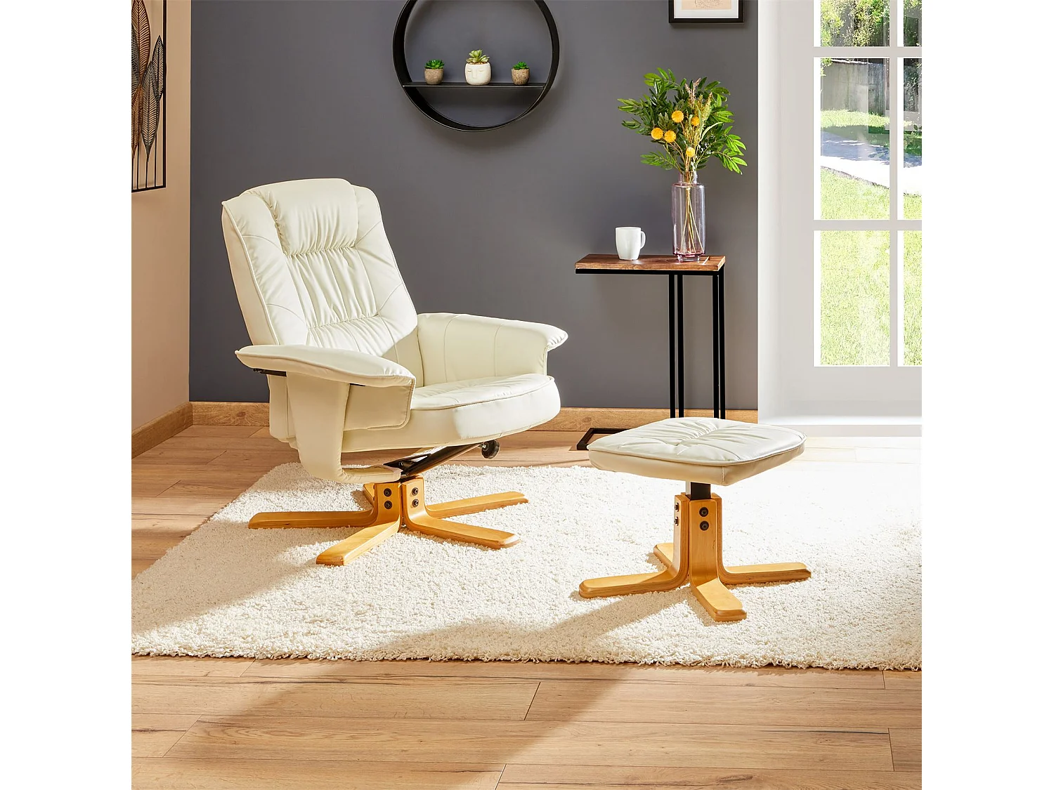 Fauteuil de relaxation CHARLY avec repose-pieds siège pivotant dossier inclinable, en synthétique blanc ivoire