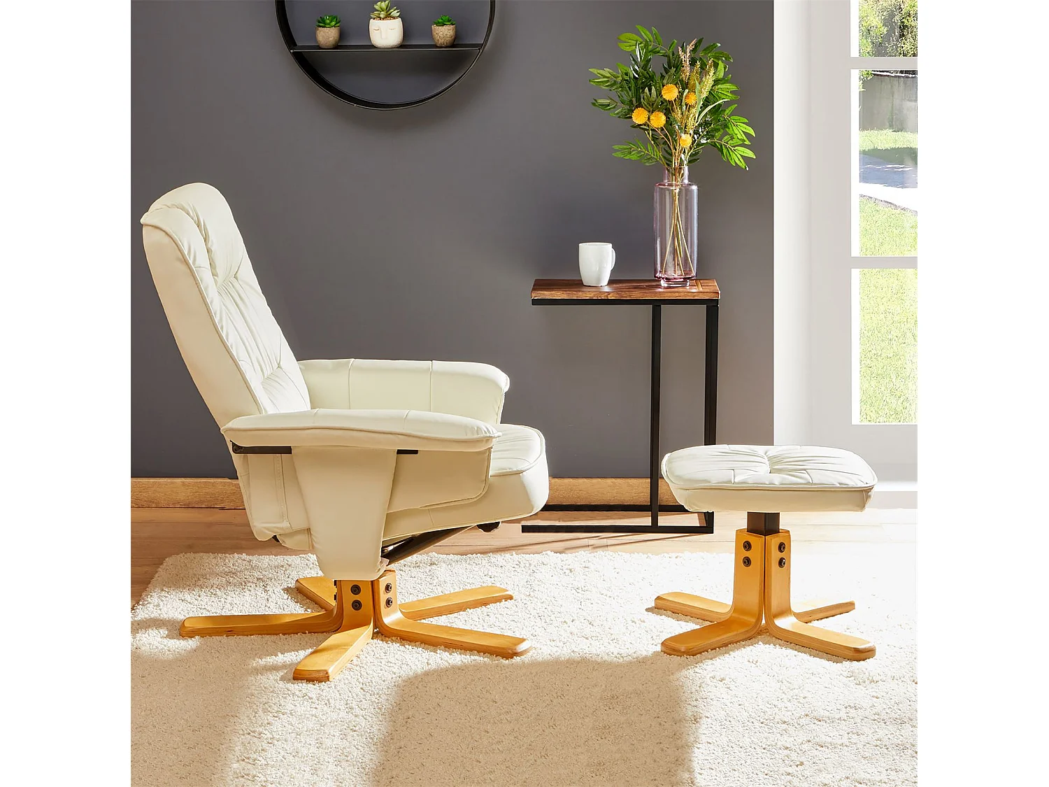 Fauteuil de relaxation CHARLY avec repose-pieds siège pivotant dossier inclinable, en synthétique blanc ivoire