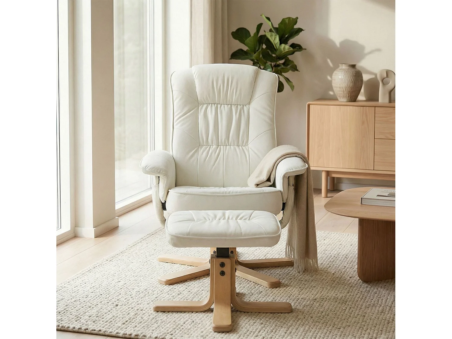 Fauteuil de relaxation CHARLY avec repose-pieds siège pivotant dossier inclinable, en synthétique blanc ivoire
