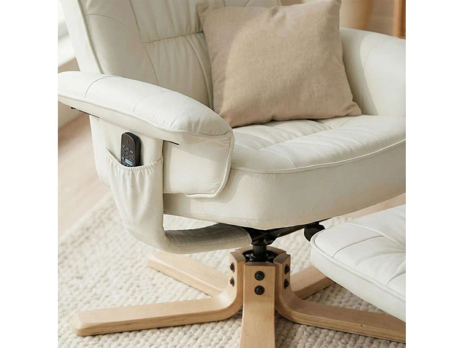 Fauteuil de relaxation CHARLY avec repose-pieds siège pivotant dossier inclinable, en synthétique blanc ivoire