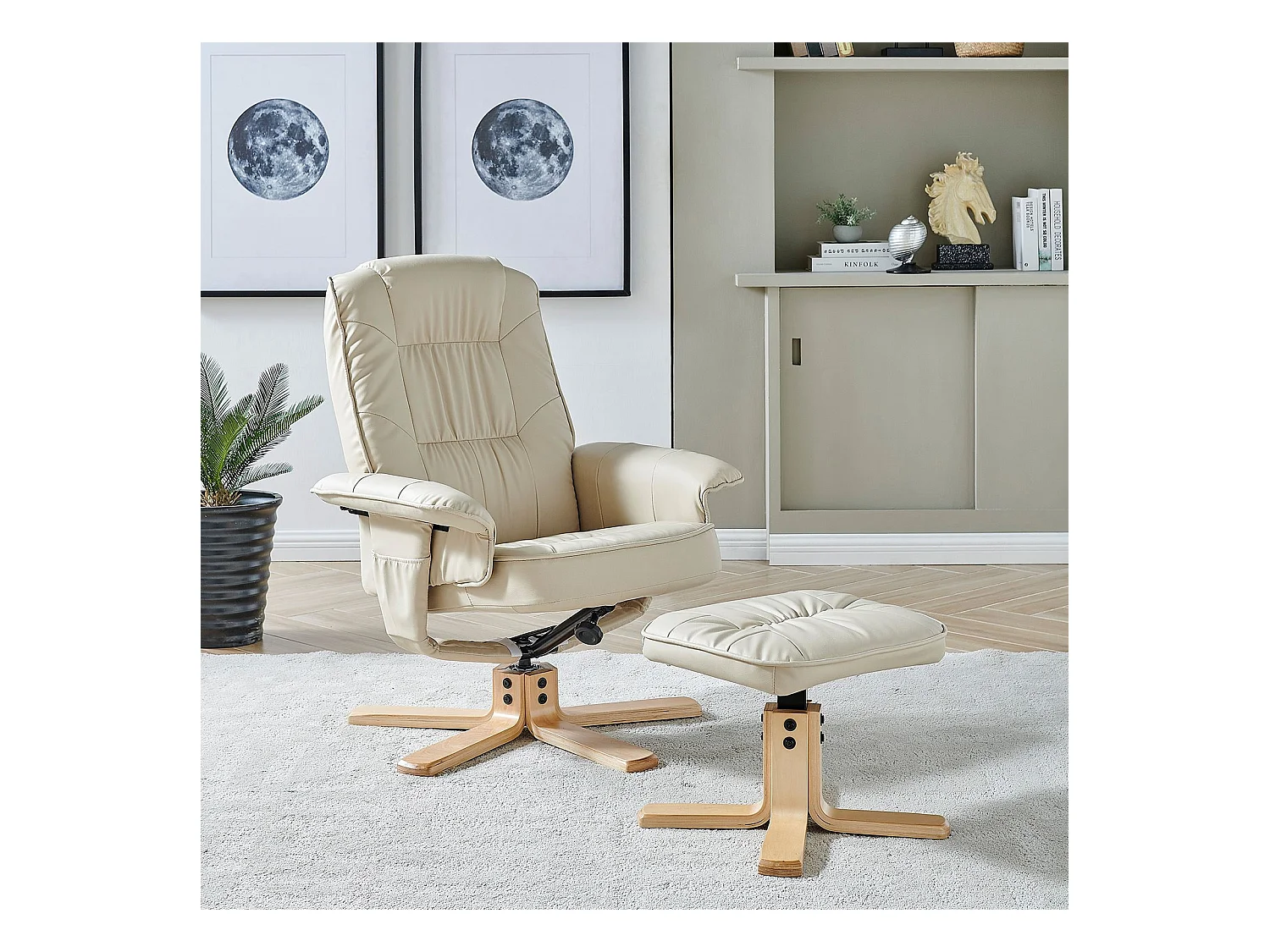 Fauteuil de relaxation CHARLY avec repose-pieds pouf siège pivotant dossier inclinable assise rembourrée relax, en synthétique beige