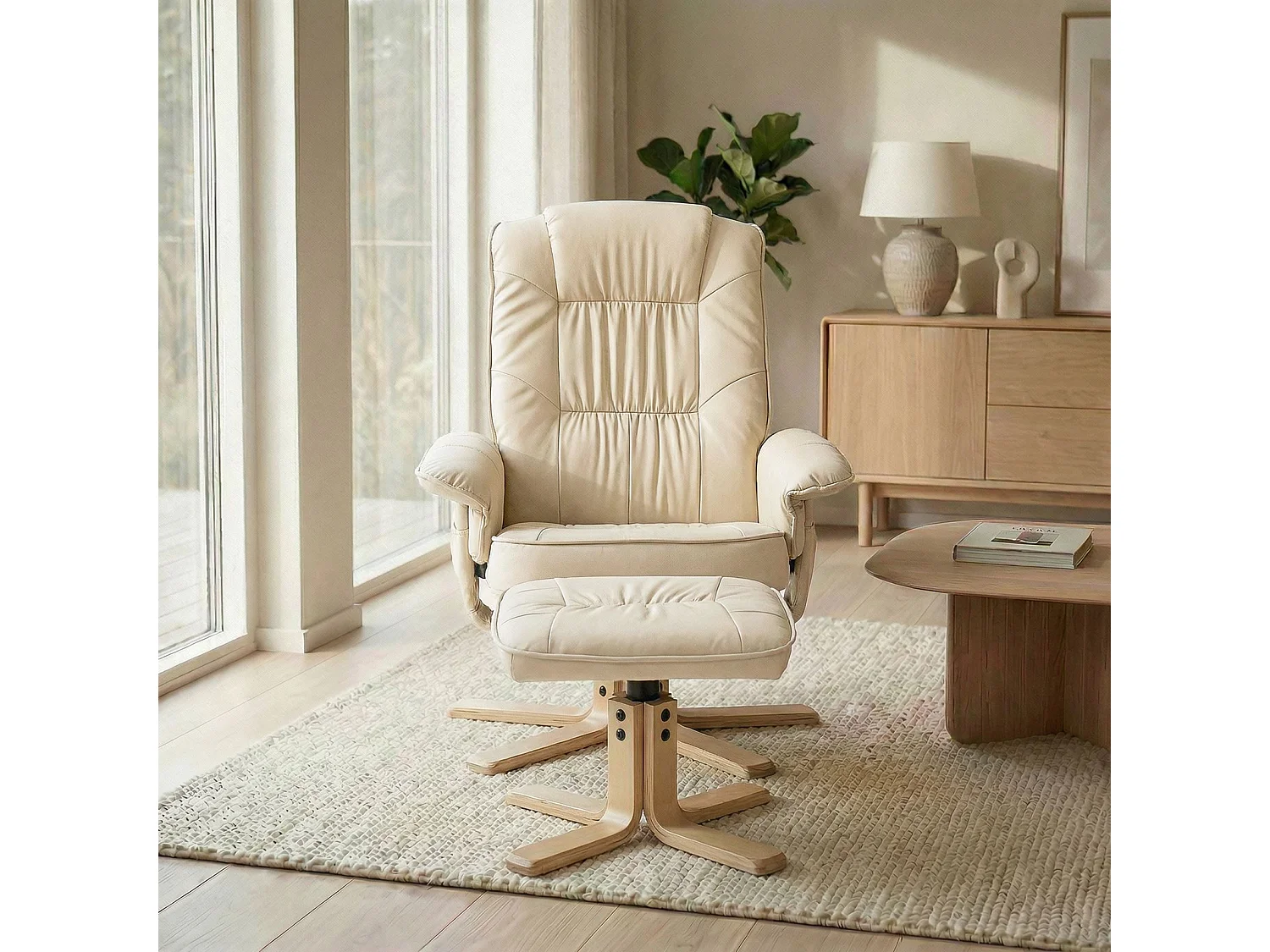 Fauteuil de relaxation CHARLY avec repose-pieds pouf siège pivotant dossier inclinable assise rembourrée relax, en synthétique beige