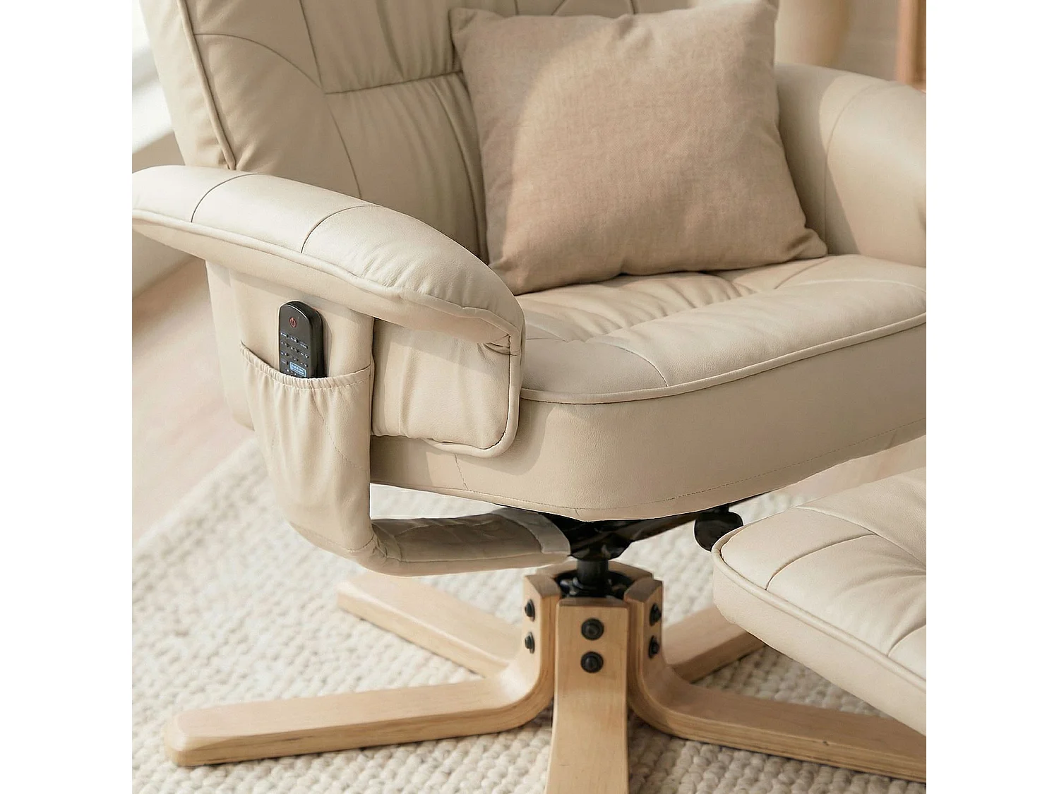 Fauteuil de relaxation CHARLY avec repose-pieds pouf siège pivotant dossier inclinable assise rembourrée relax, en synthétique beige