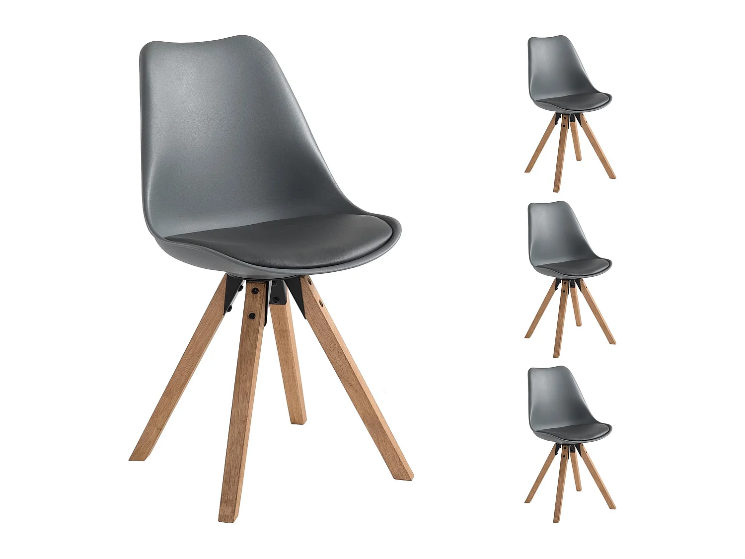 Lot de 4 chaises de salle à manger TYSON style scandinave design nordique piètement bois massif, siège coque en plastique gris
