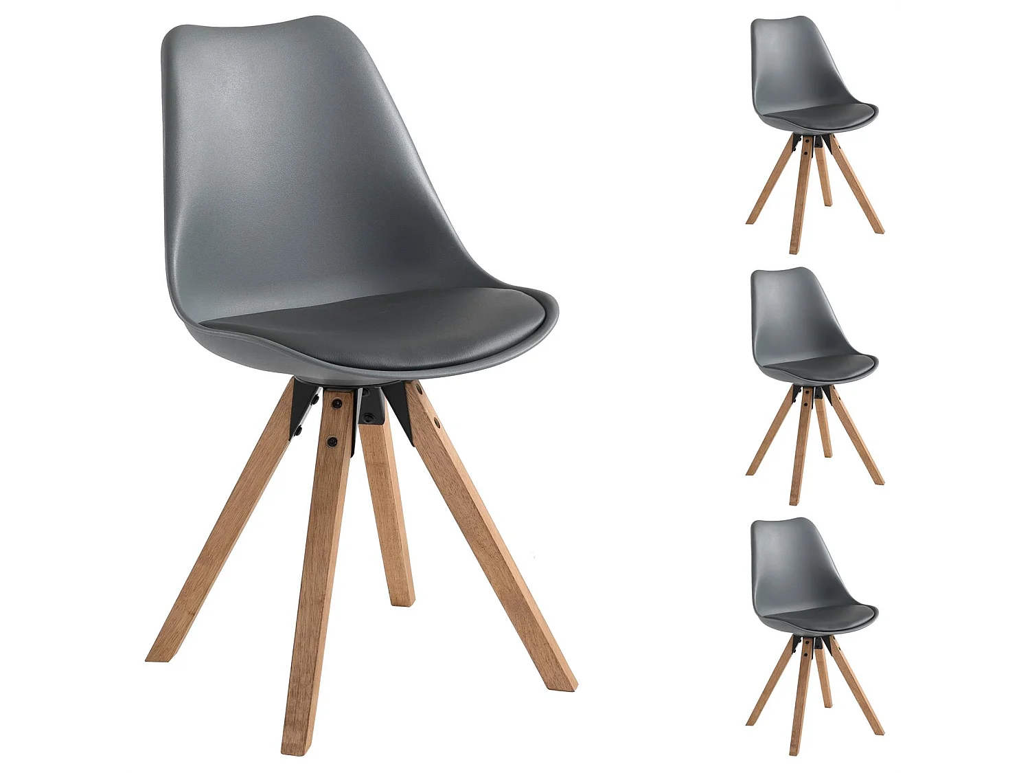 Lot de 4 chaises de salle à manger TYSON style scandinave design nordique piètement bois massif, siège coque en plastique gris