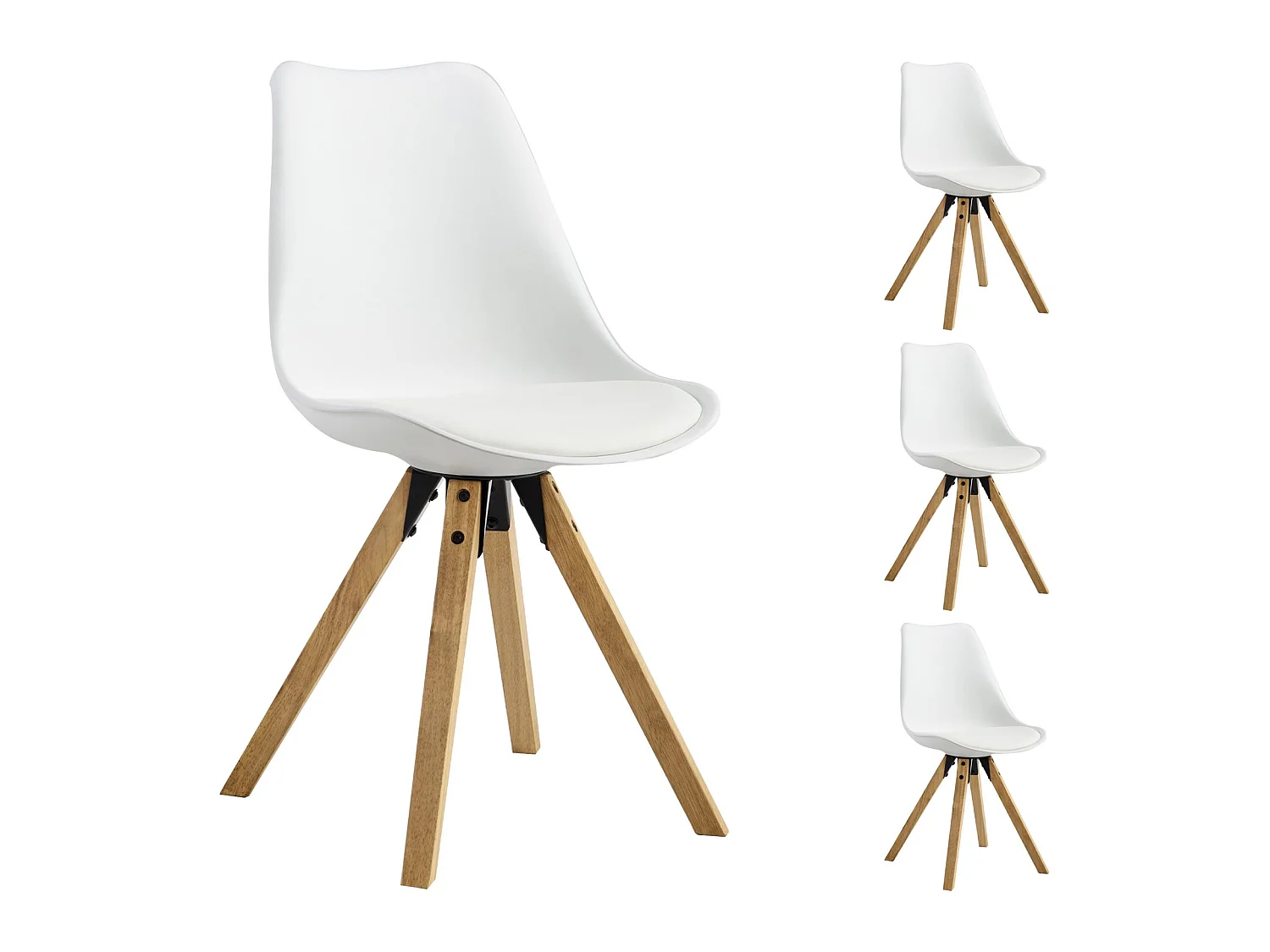 Lot de 4 chaises de salle à manger TYSON style scandinave design nordique piètement bois massif, siège coque en plastique blanc