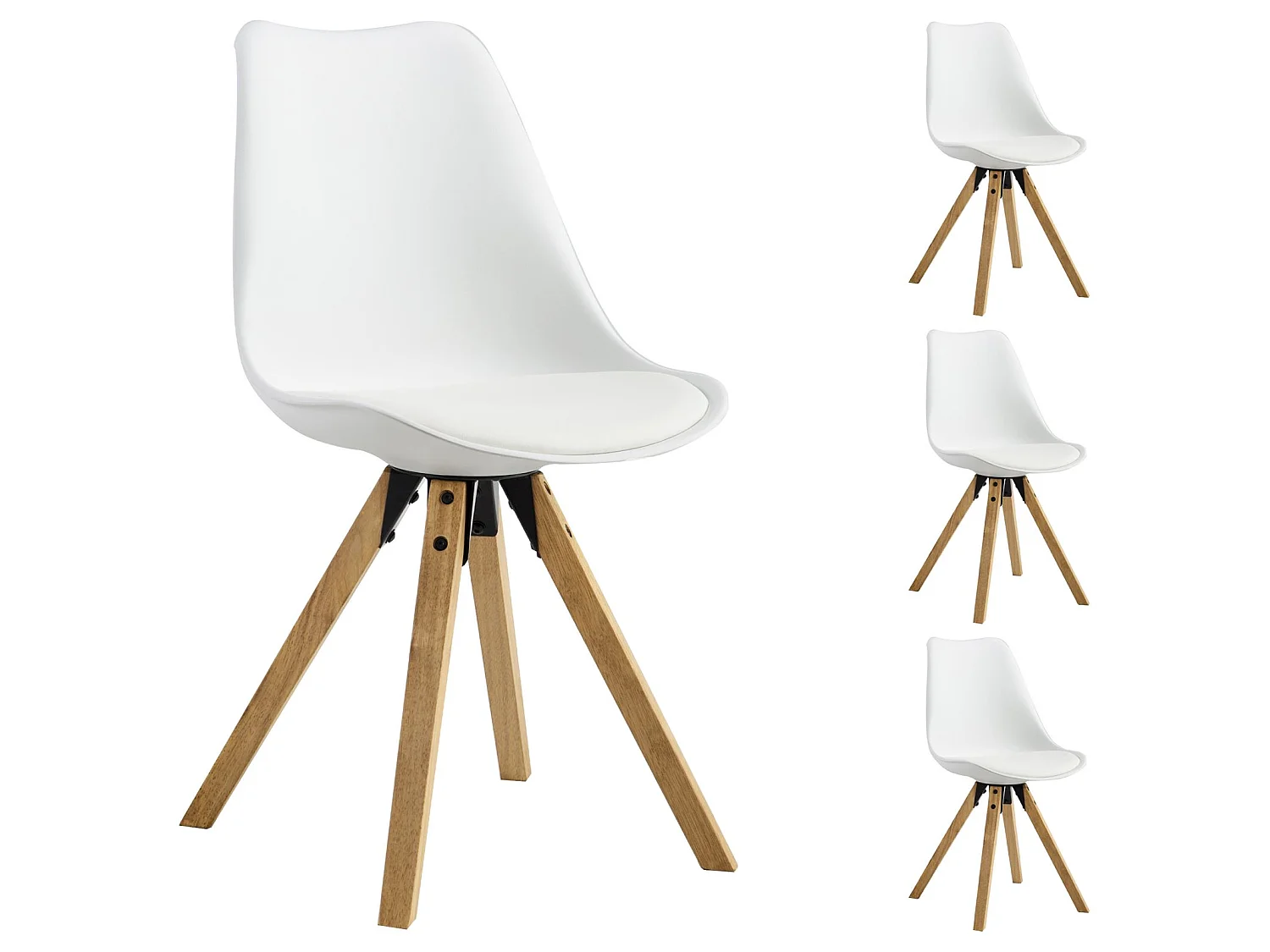 Lot de 4 chaises de salle à manger TYSON style scandinave design nordique piètement bois massif, siège coque en plastique blanc
