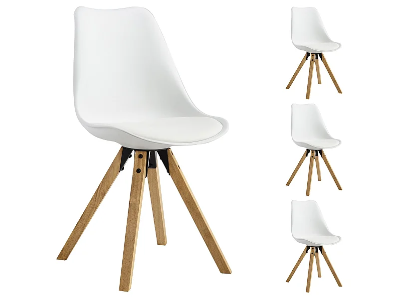 Lot de 4 chaises de salle à manger TYSON style scandinave design nordique piètement bois massif, siège coque en plastique blanc
